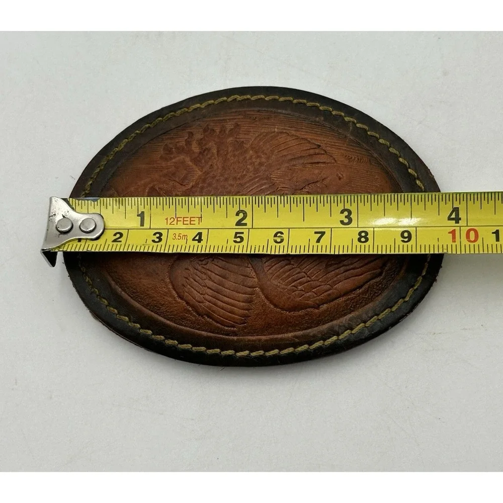 Vintage Tooled Embossed Leather Bald Eagle Belt Buckle Handcrafted 3.75